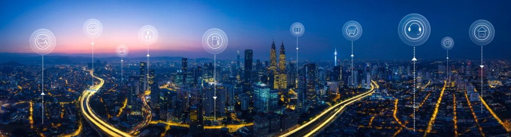 Panorama aerial view in the cityscape skyline with smart services and icons, internet of things, networks and augmented reality concept, early morning sunrise scene.